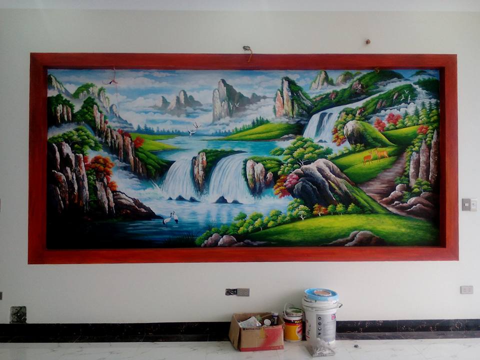 tranh tường phòng khách phong cảnh sơn thủy hữu tình